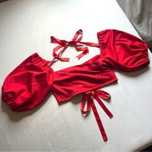 GRASS FIELDS red short puff sleeve lace up satin bow tie detail cropped top